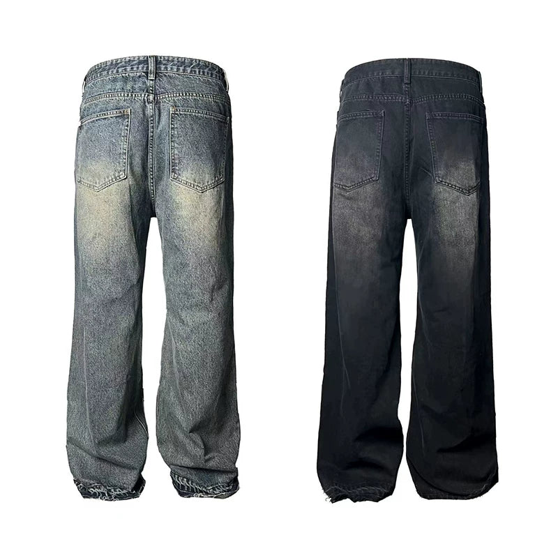 Two-Tone Distressed Wide Leg Flared Jeans