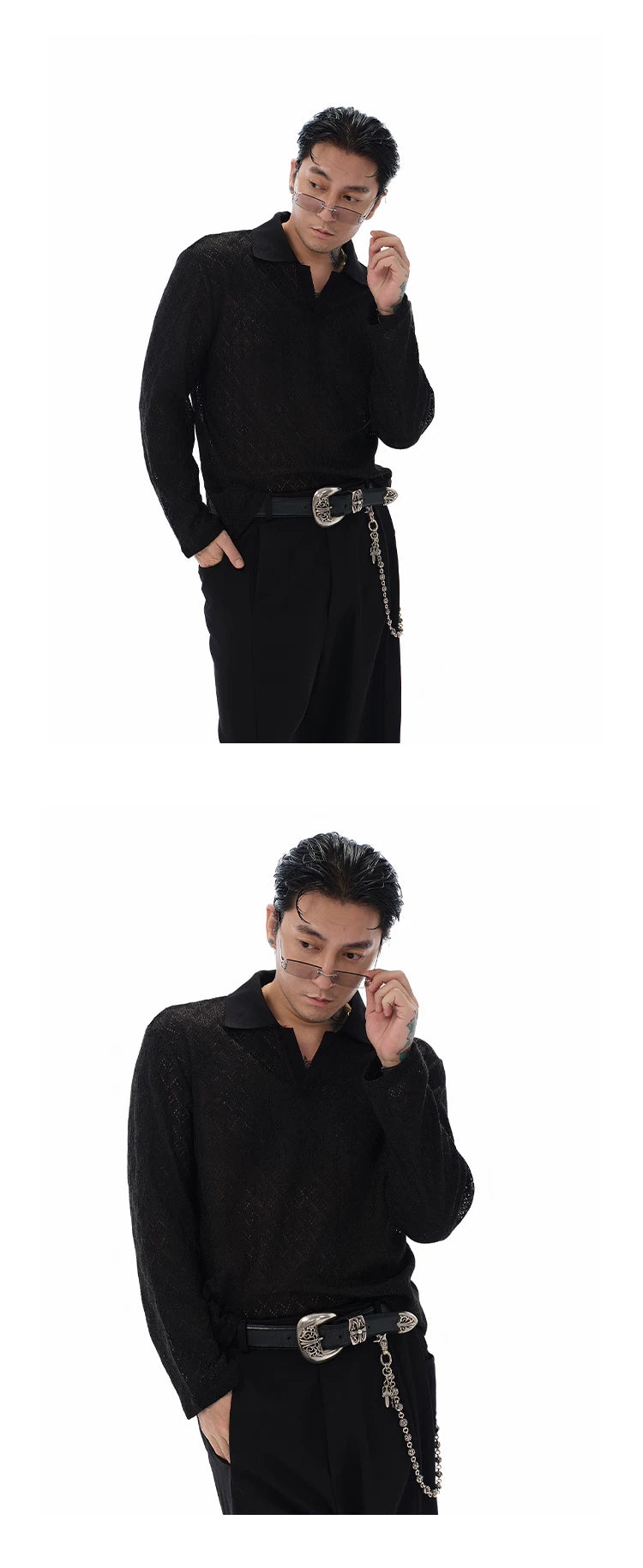 Hollow-out Long-sleeve Polo Shirt
