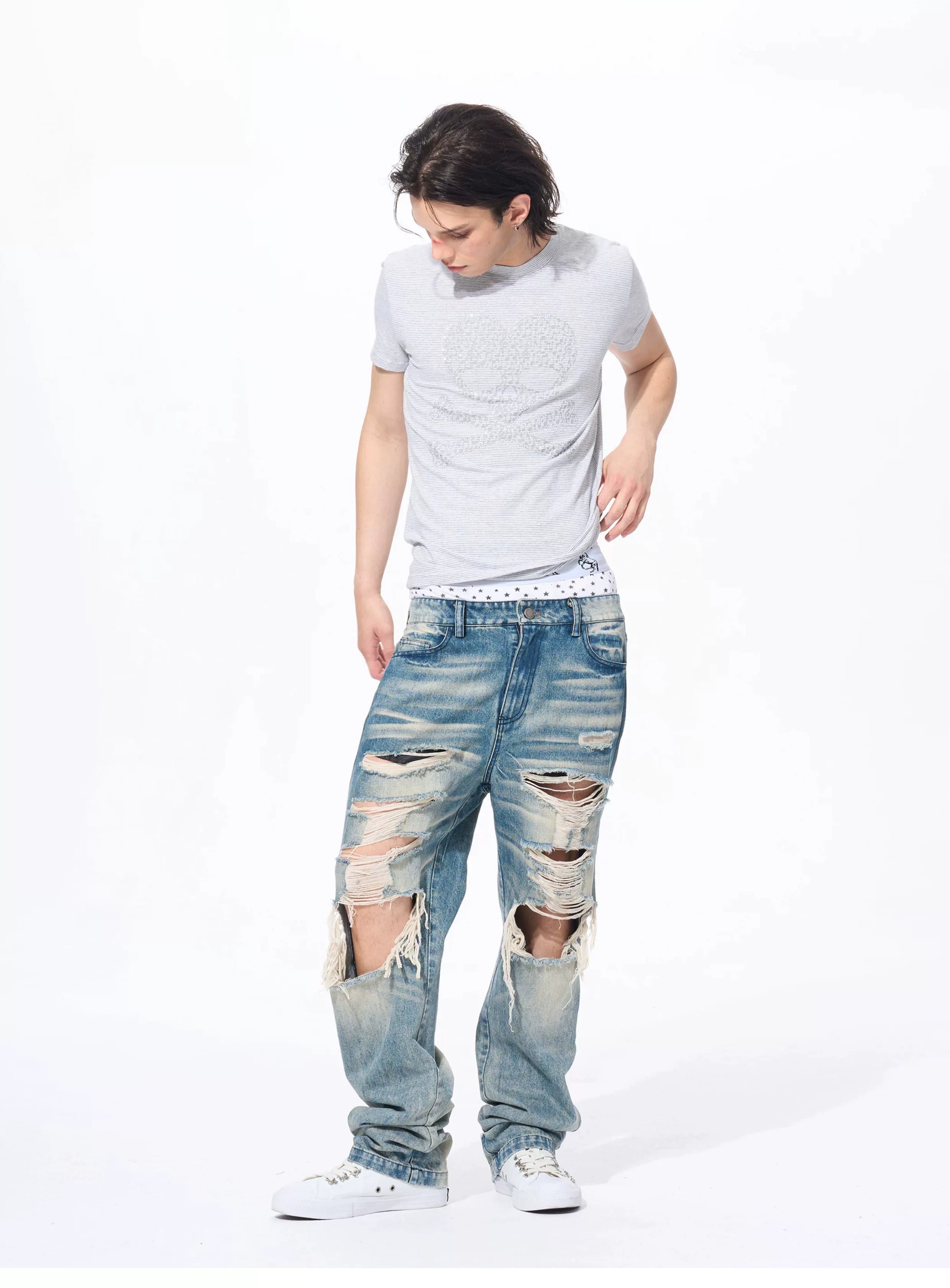 Men’s Rhinestone Skull Striped Tees