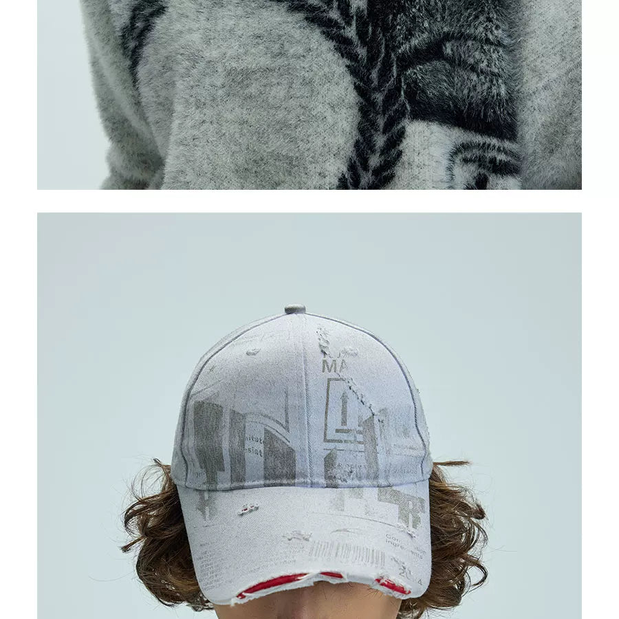 White Distressed Printed Long Brim Cap