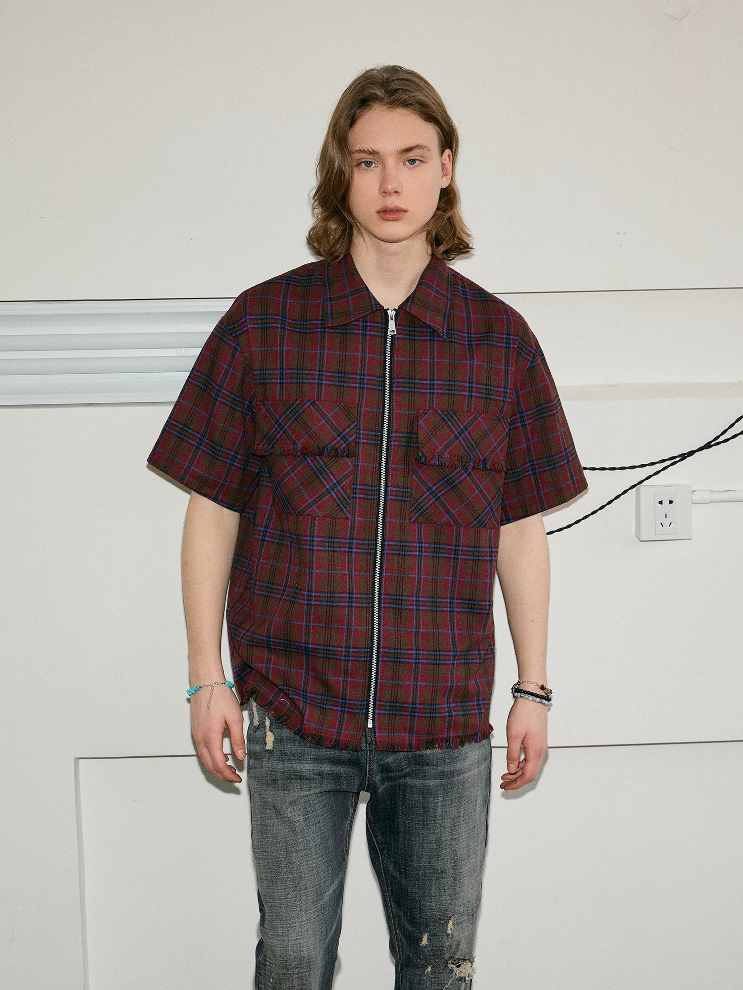 Men's Frayed Plaid Zip Short-sleeved Shirt
