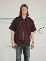 Men's Frayed Plaid Zip Short-sleeved Shirt