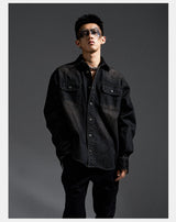 Washed Distressed Patchwork Denim Shirt Jacket