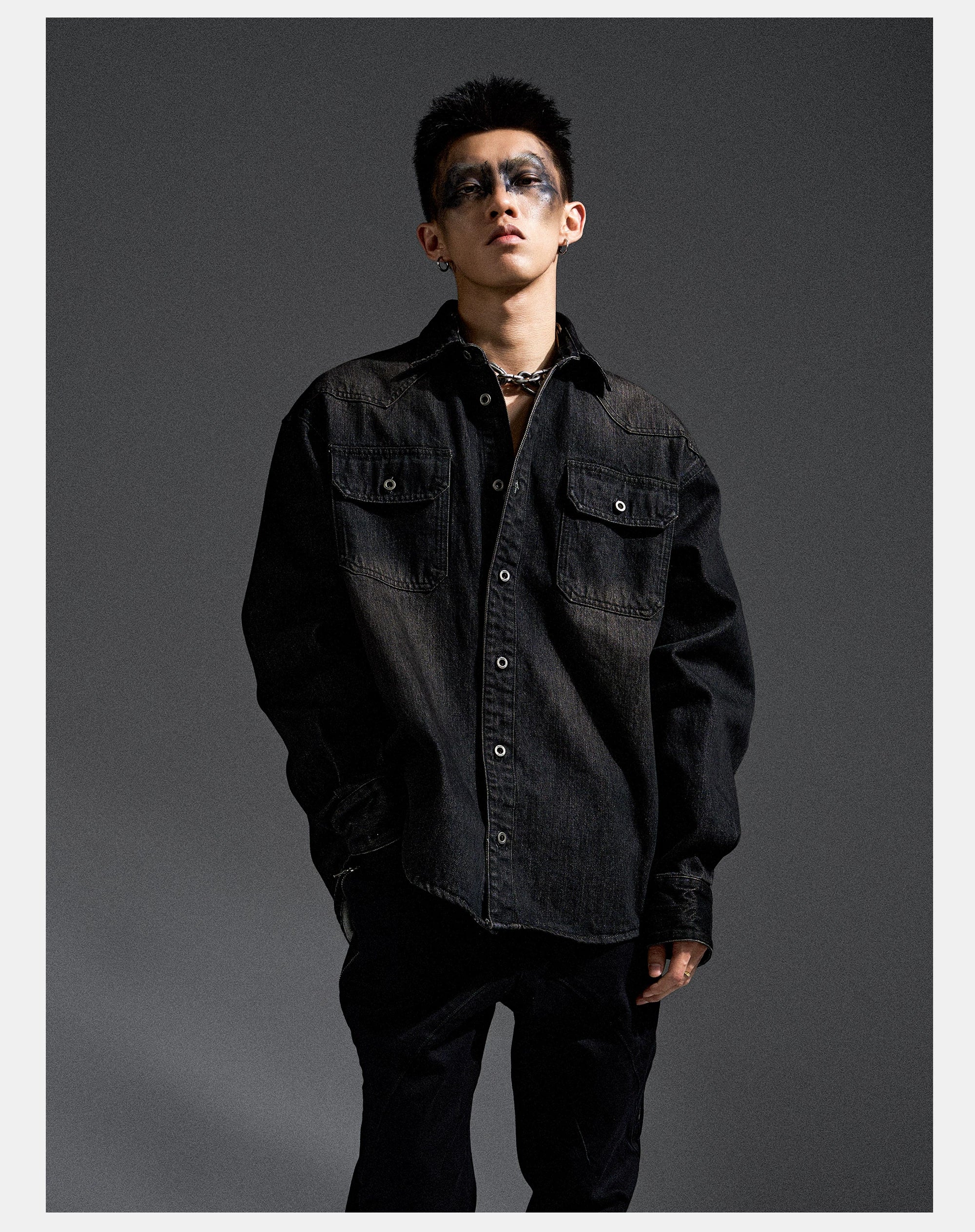 Washed Distressed Patchwork Denim Shirt Jacket