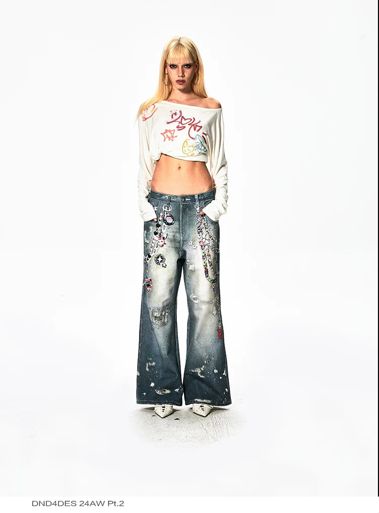 Y2K Cartoon-Printed Chain Wide-Leg Jeans