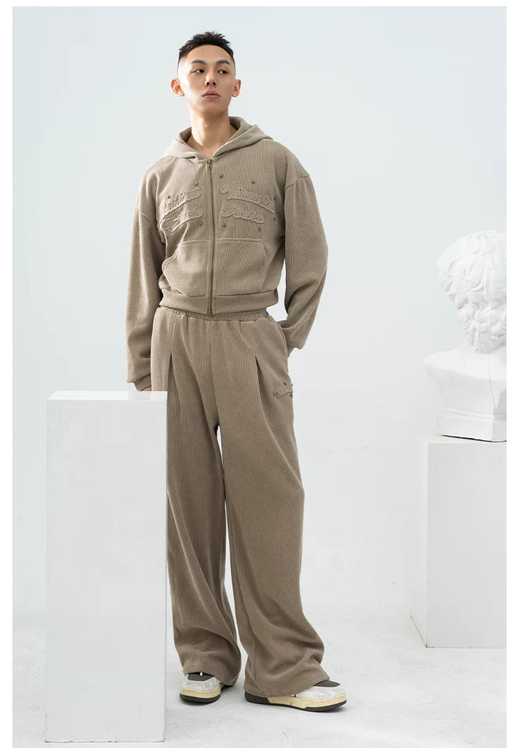 Gray Khaki Corduroy Embroidered Striped Zip-Hoodie