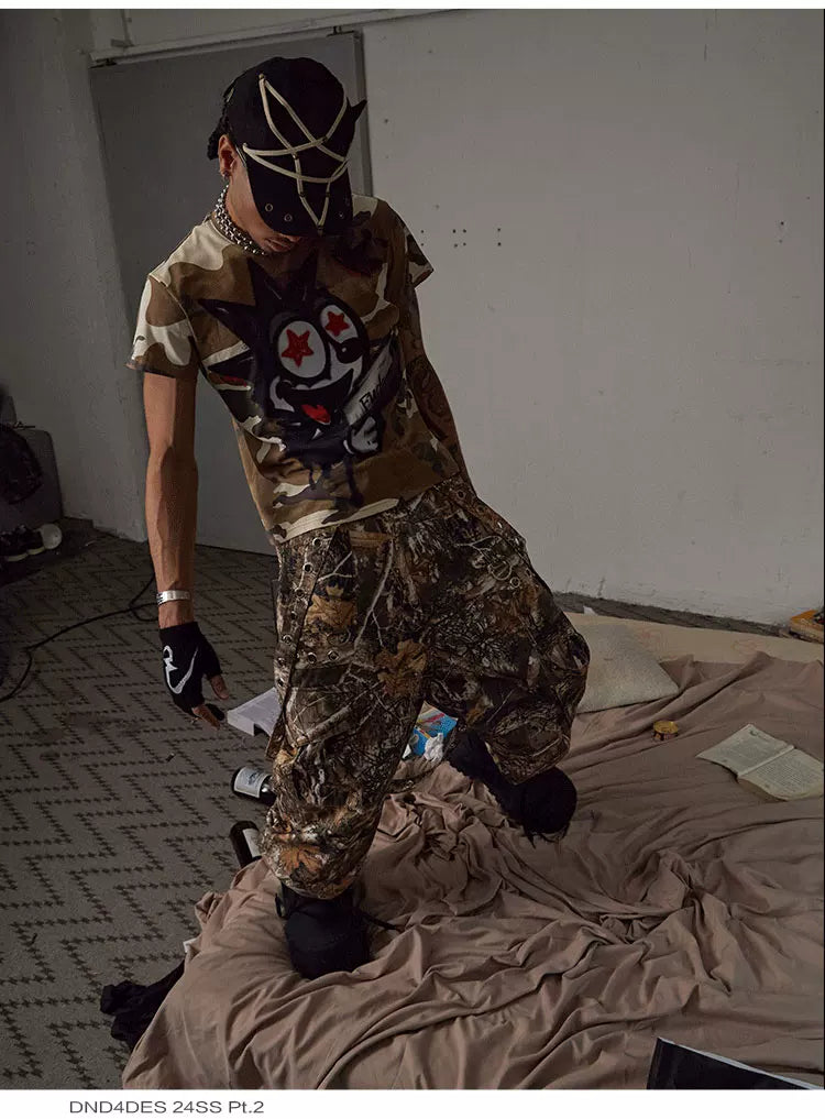 Detachable Bow Wide Leg Camo Pants