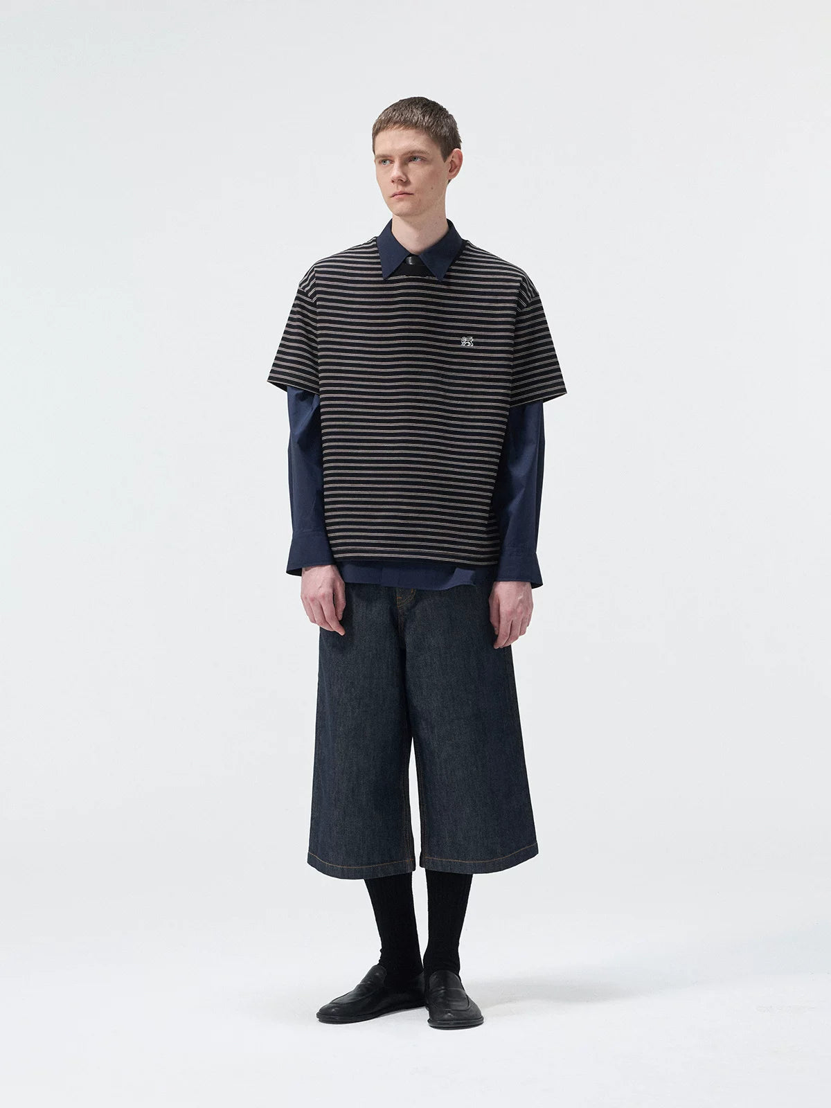 Short Sleeve Striped Embroidered Cotton Tee