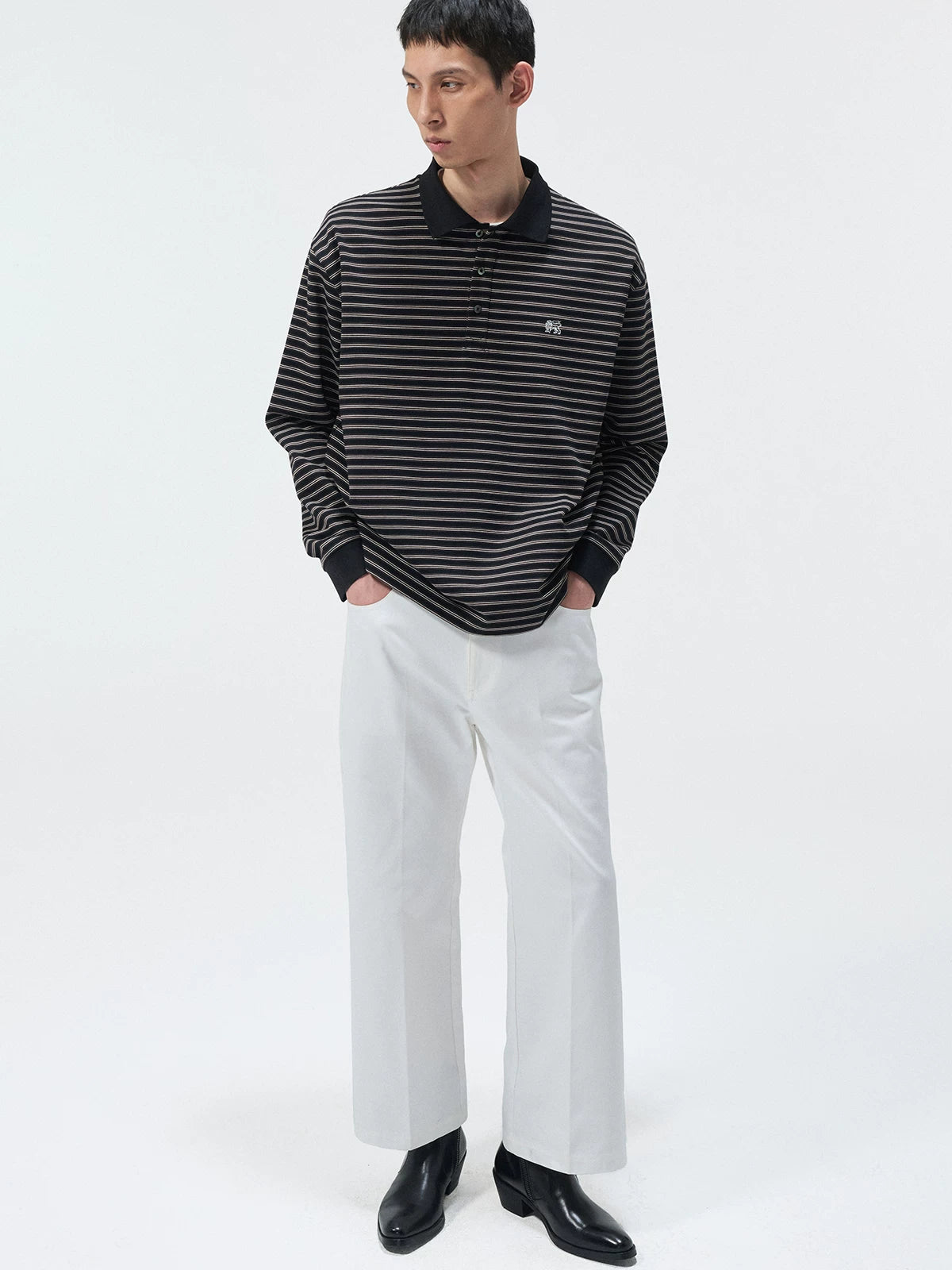Striped Embroidered Long Sleeve Polo Tee