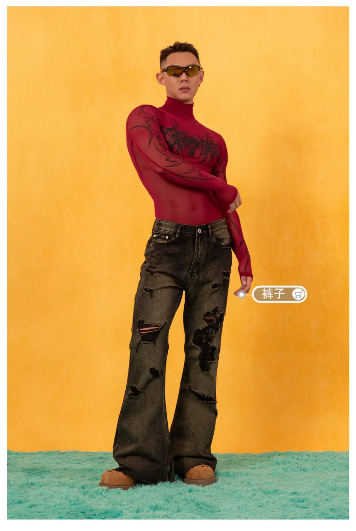 Y2K Cutout Sheer Mesh Turtleneck Tee