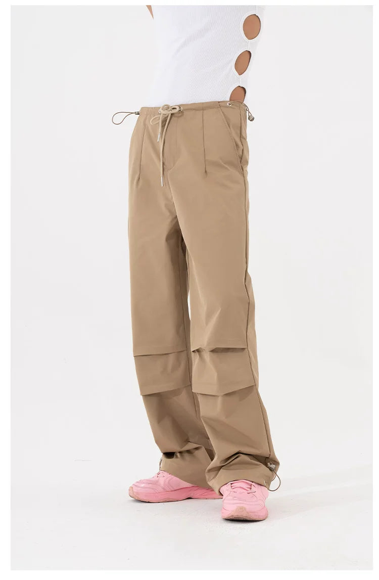 Black Khaki Drawstring Wide Leg Pants