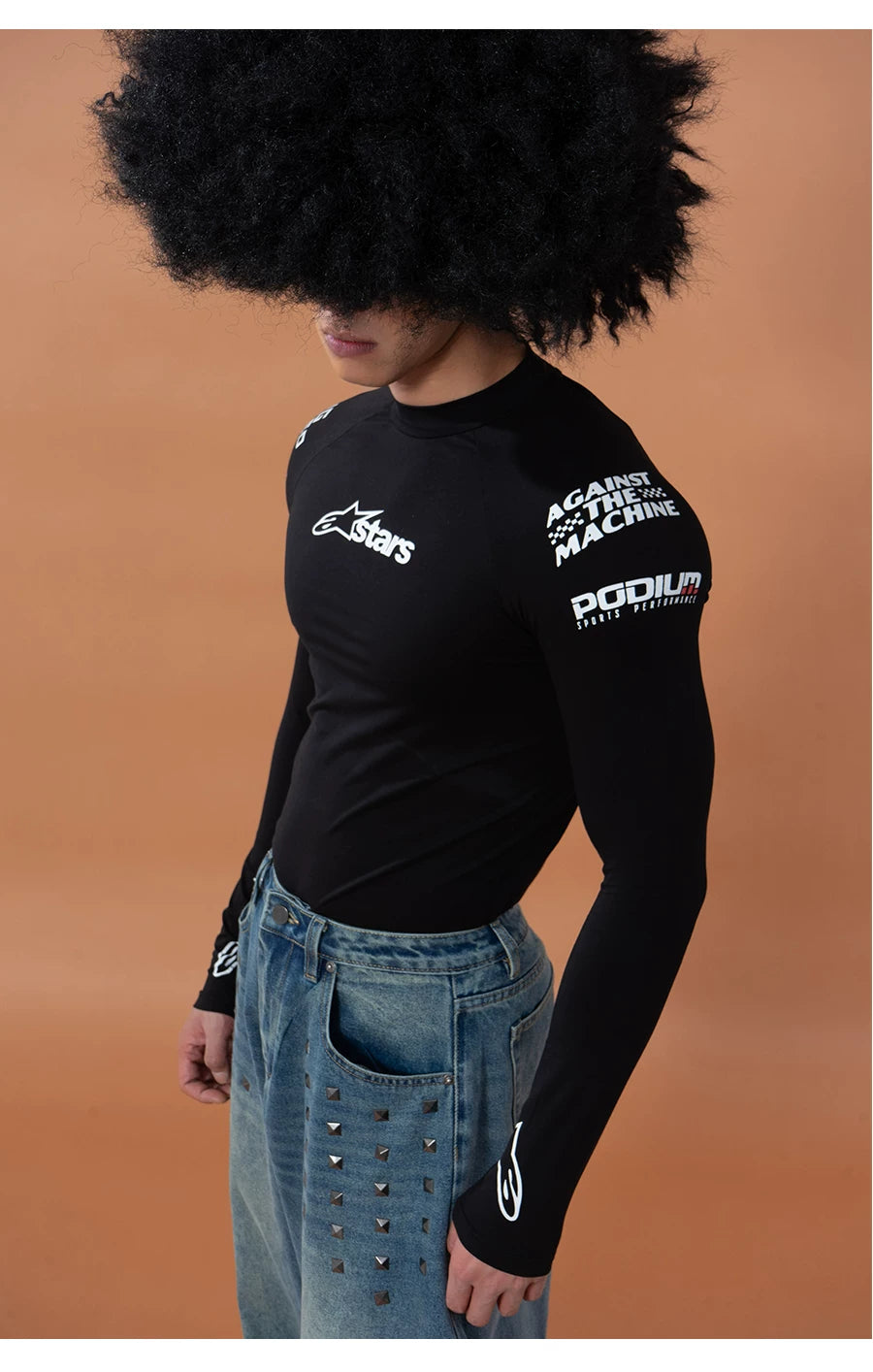 Men's Black Racing Print Long-sleeved Tee