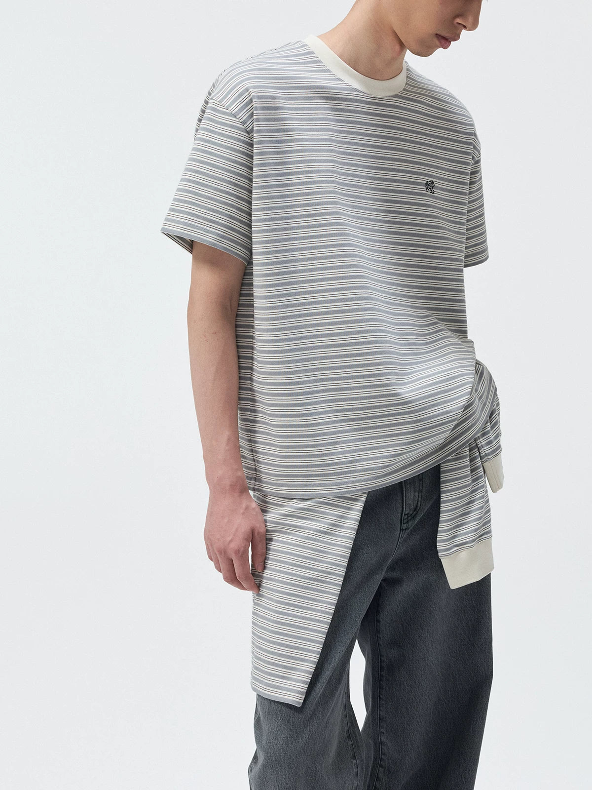 Short Sleeve Striped Embroidered Cotton Tee