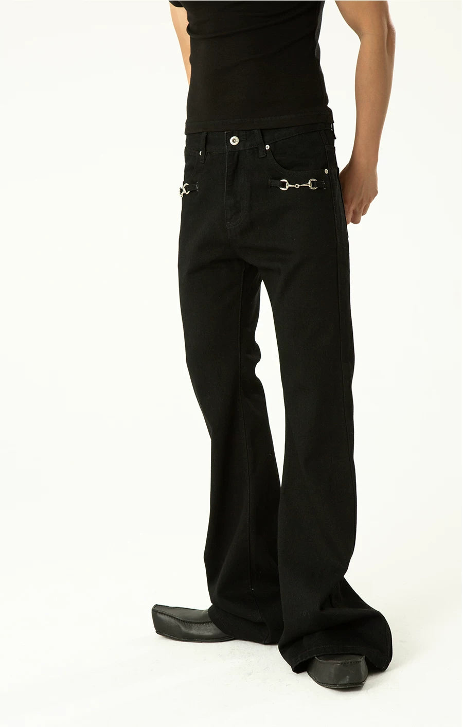 Men's Black Metal Buckle Jeans