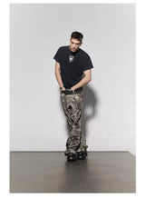 Rugged Distressed Camo Flare Cargo Pants