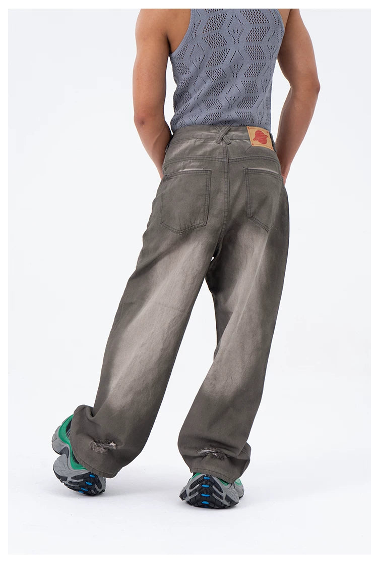 Men's Gray Vintage Distressed Wide-Leg Jeans