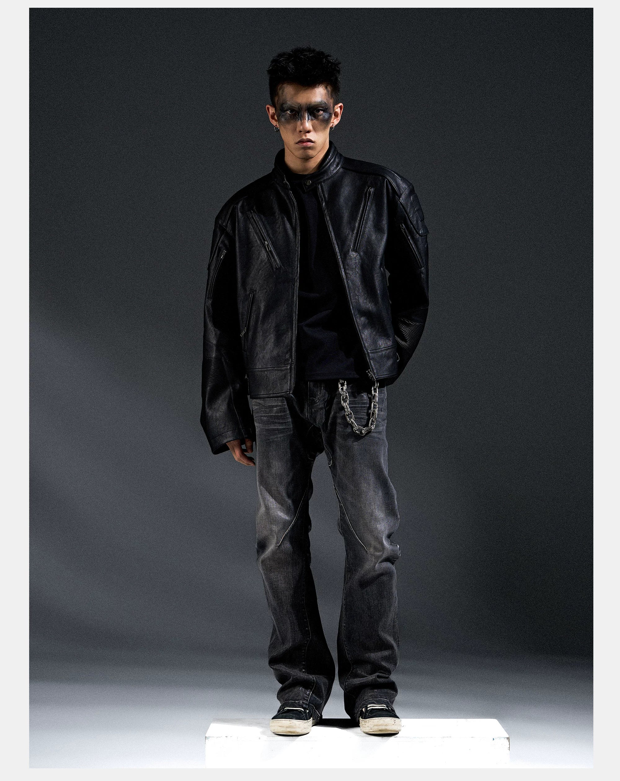 Dark Zip-Up Padded Biker Leather Jacket