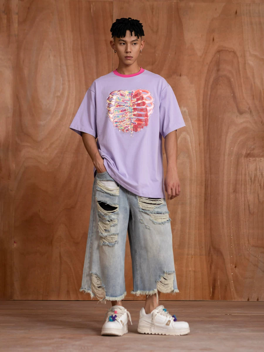Oversized Embroidered Purple Heart Skeleton Tee