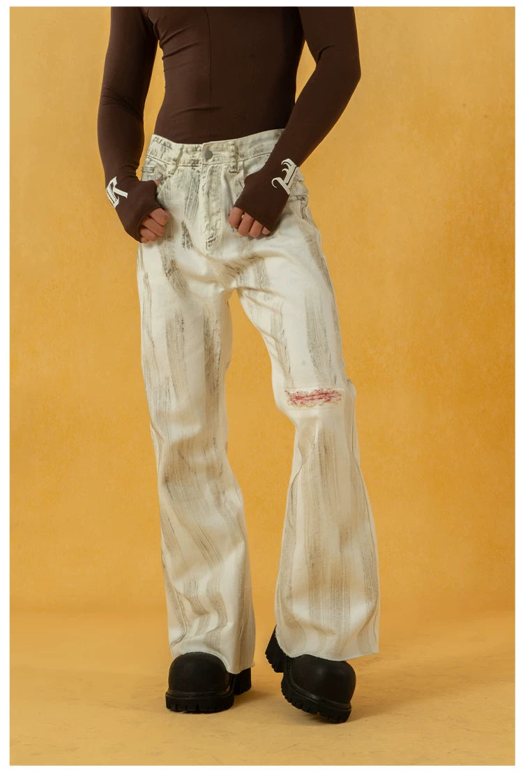 Men's Vintage White Sickle-Print Flare Jeans