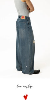 Men's Blue Distressed Riveted Straight Jeans