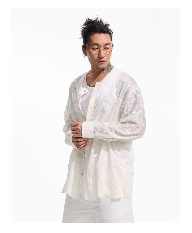 White Embroidered Long Sleeve Shirts