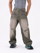 Men's Gray Vintage Distressed Wide-Leg Jeans