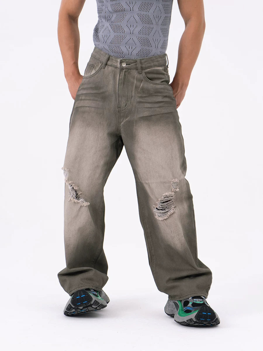 Men's Gray Vintage Distressed Wide-Leg Jeans