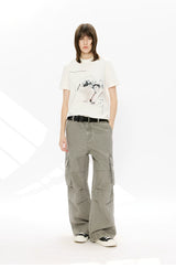 Washed Printed French Blue Cargo Pants