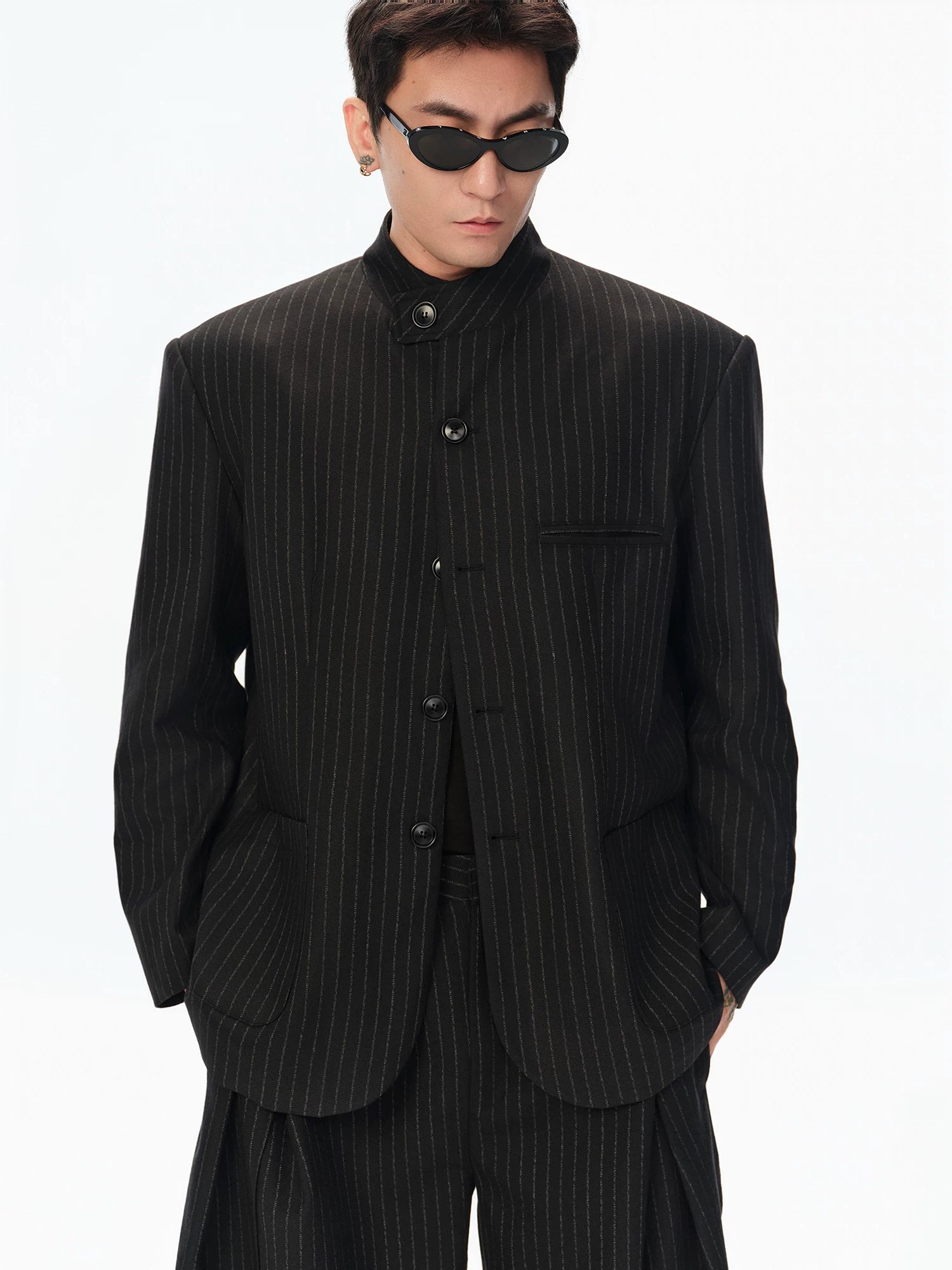 Black Striped Wool Stand Collar Blazer