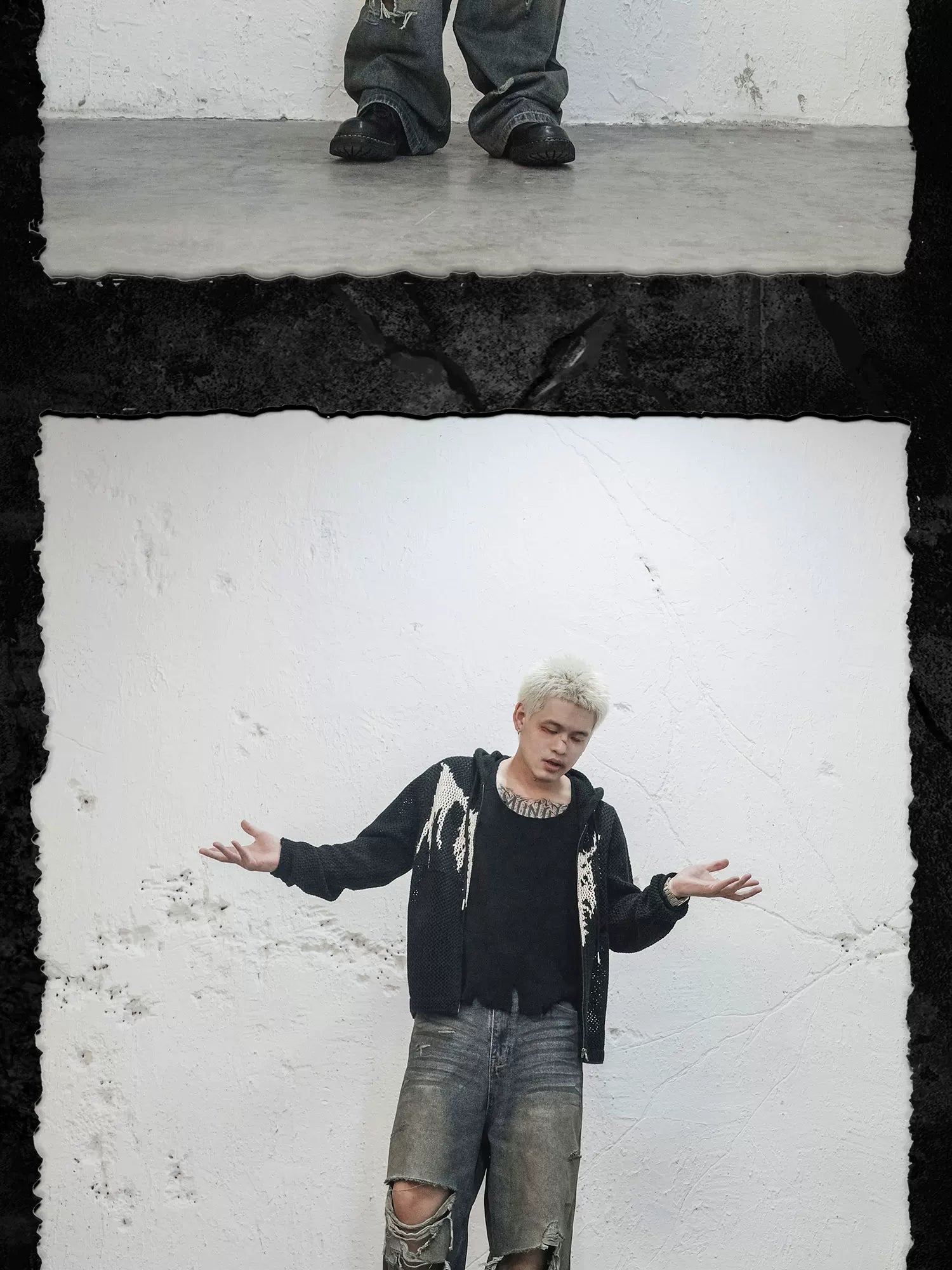 Devil Bone Jacquard Distressed Zip Cardigan