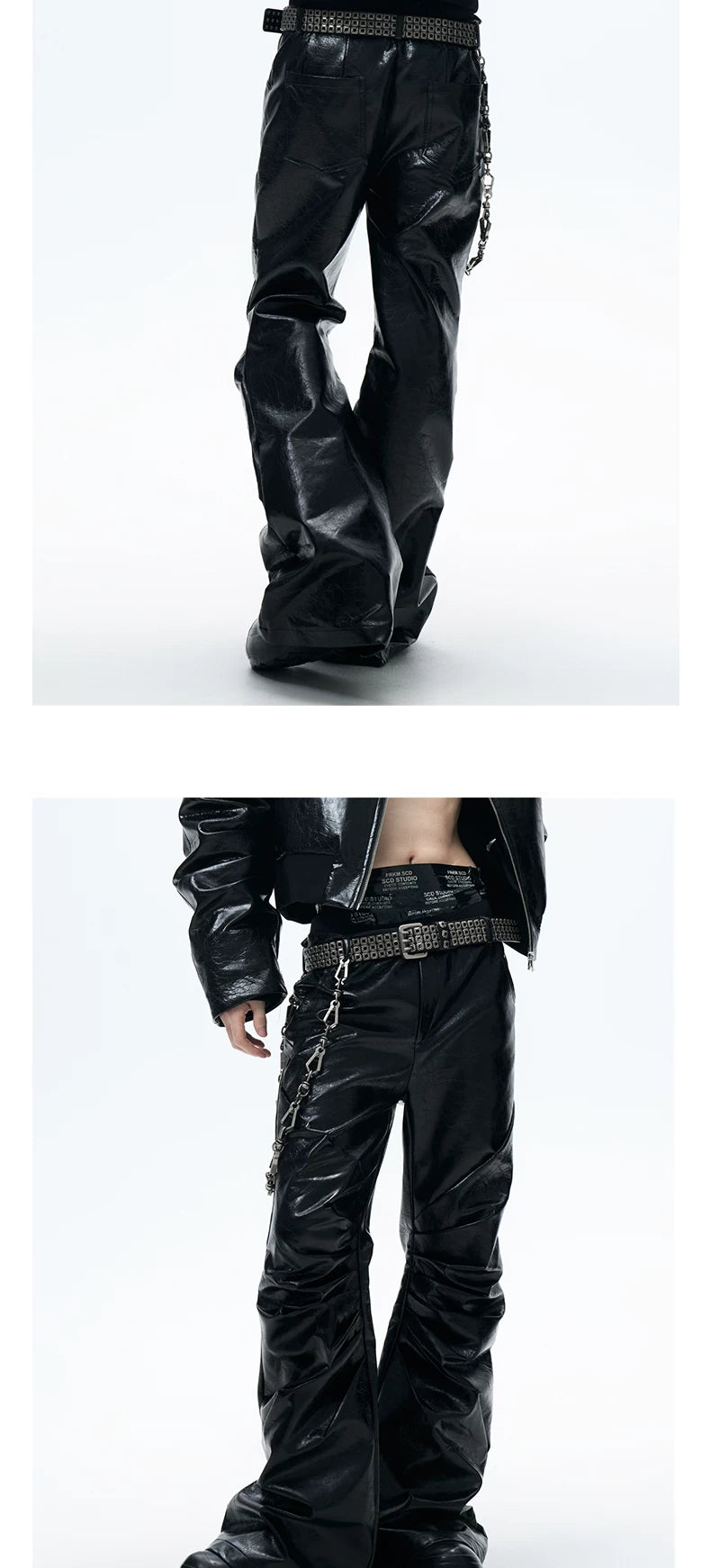 Black Loose Ruched Flare Leather Pants