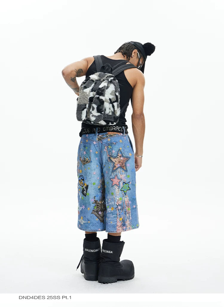 American Street Cartoon Printed Denim Shorts