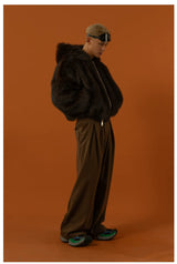 Black Red Hooded Faux Fur Coat