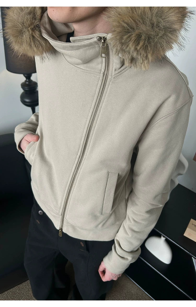 Detachable Fur Collar Slant Zip Hoodie