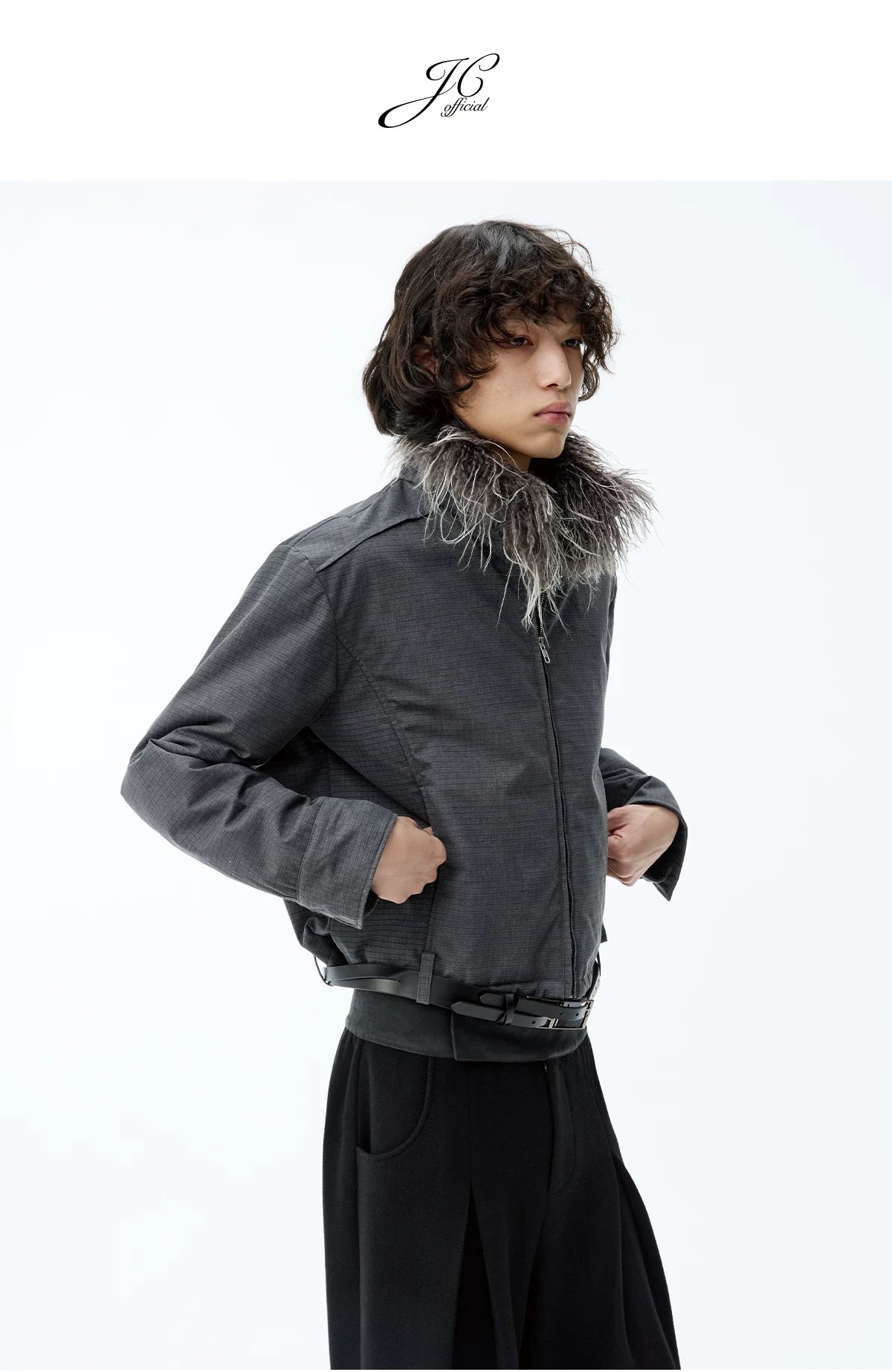 Fitted Two-tone Grid Fur Collar Jacket