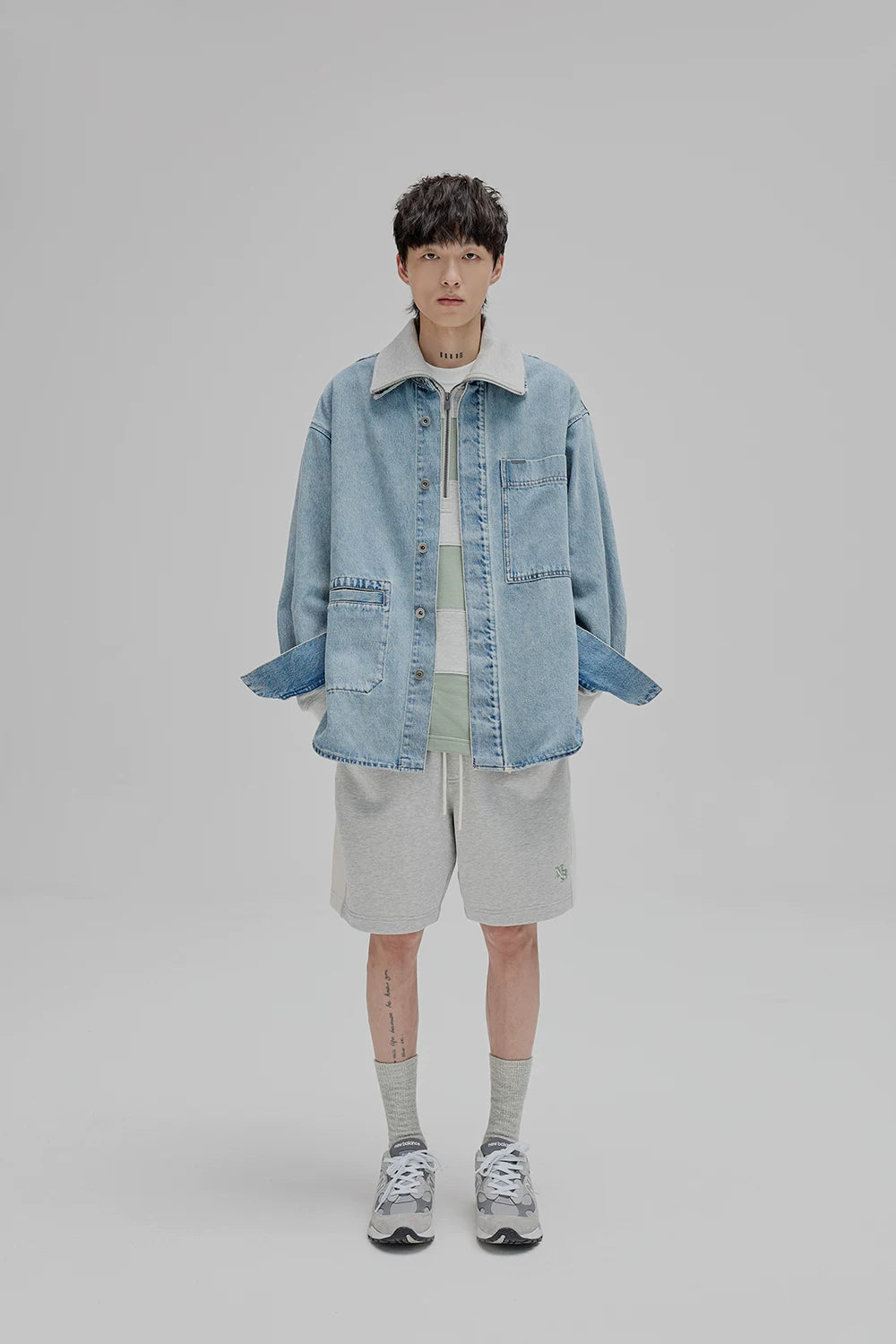 14Oz Washed Denim Asymmetric-Pocket Shirt Jacket