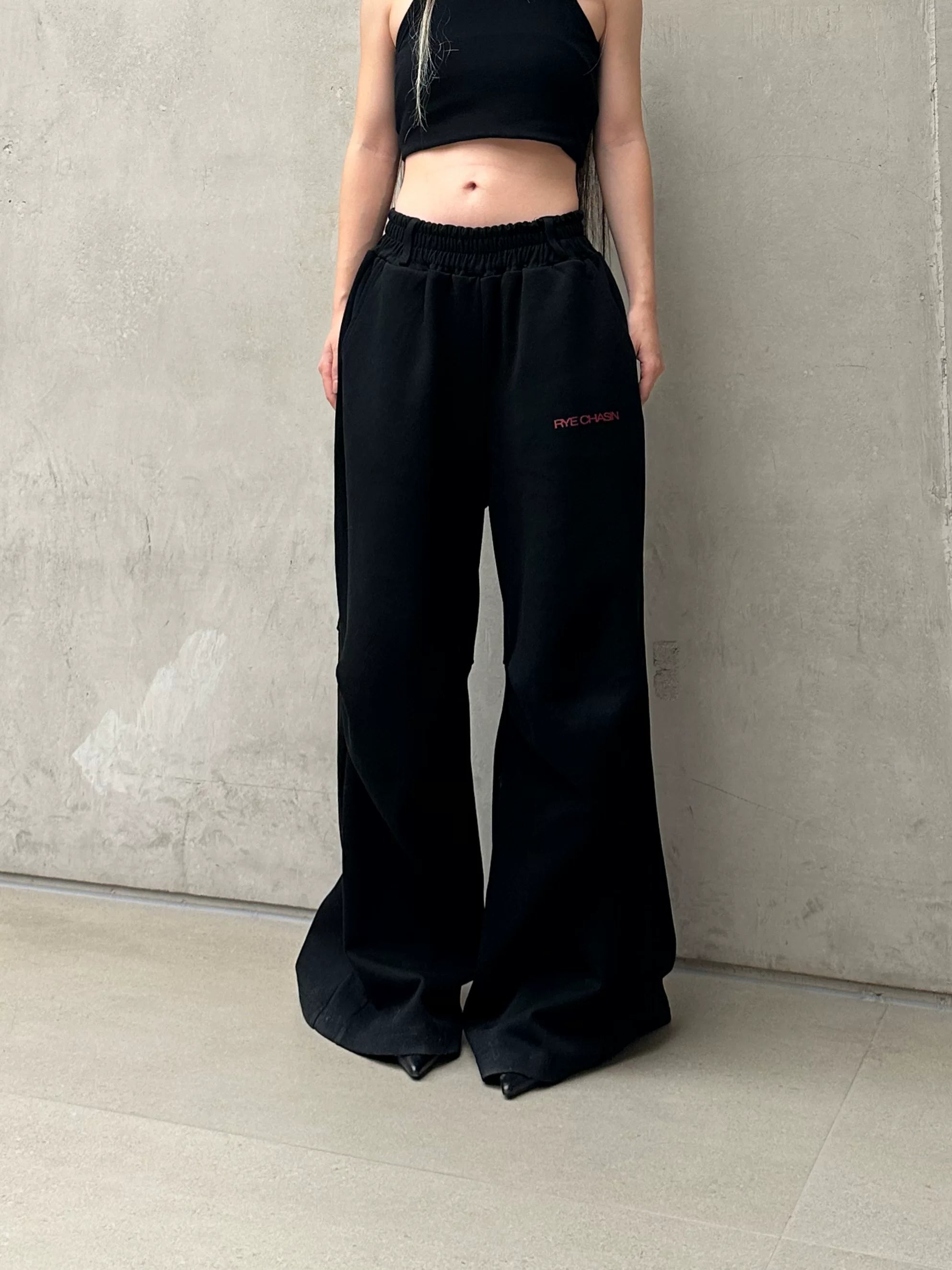 Black Loose Pleated Flare Cotton Sweatpants