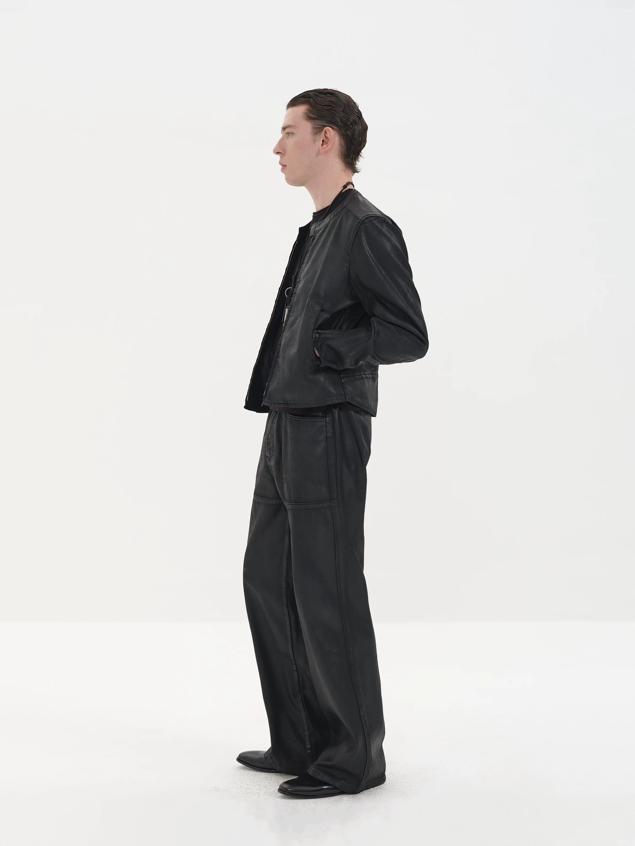 Fitting Waxed Leather Patchwork Straight Jeans