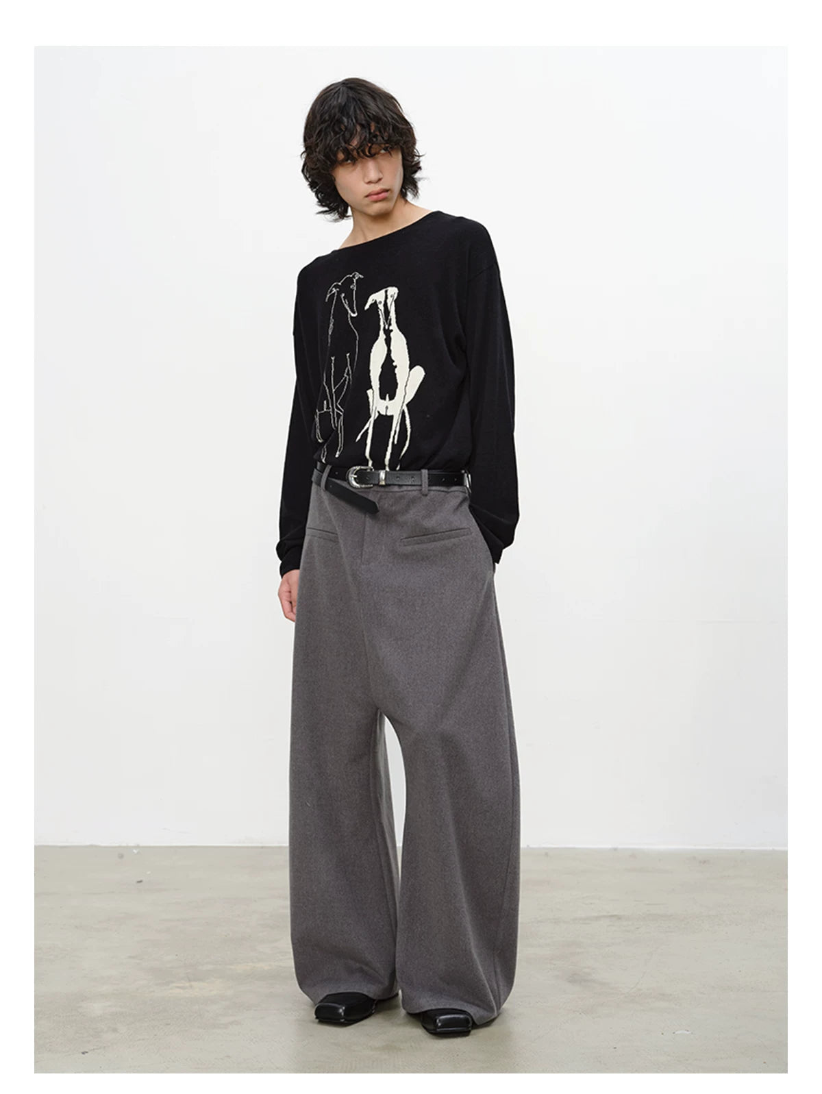 Drop Shoulder Dog Jacquard Cotton Sweater