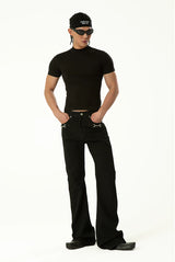 Men's Black Metal Buckle Jeans