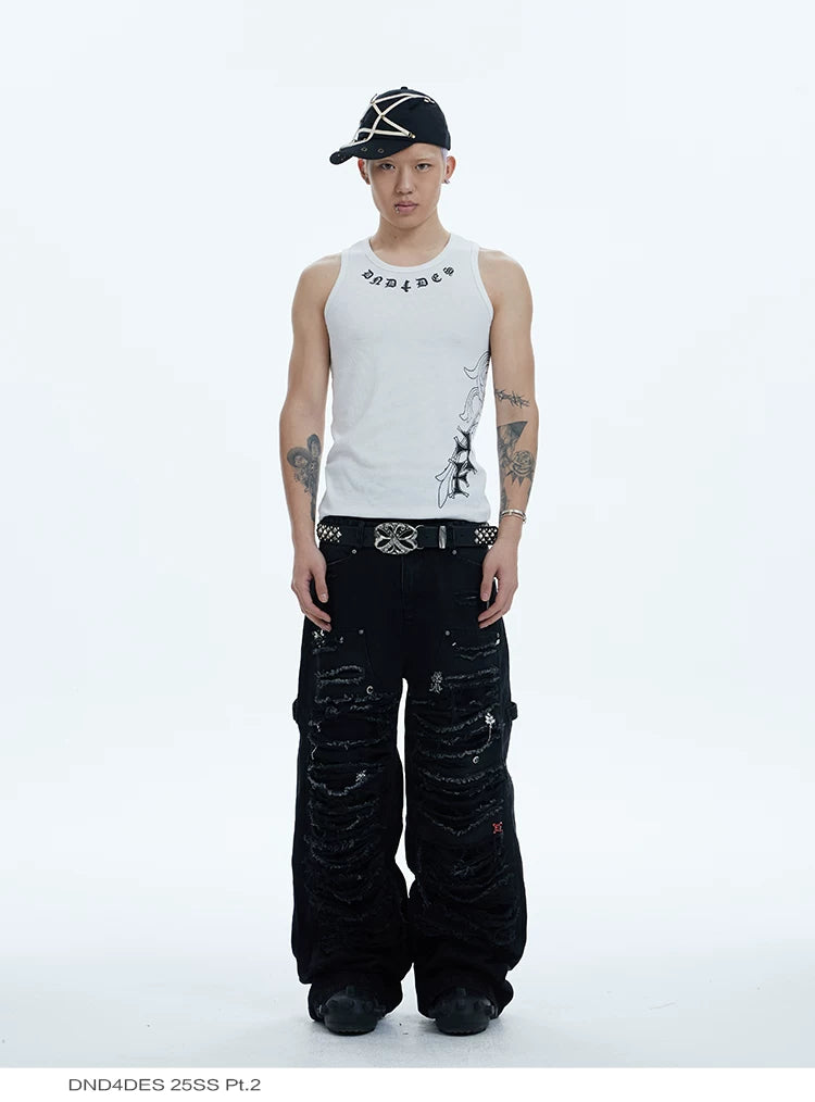 Washed Distressed Baggy Carpenter Jeans