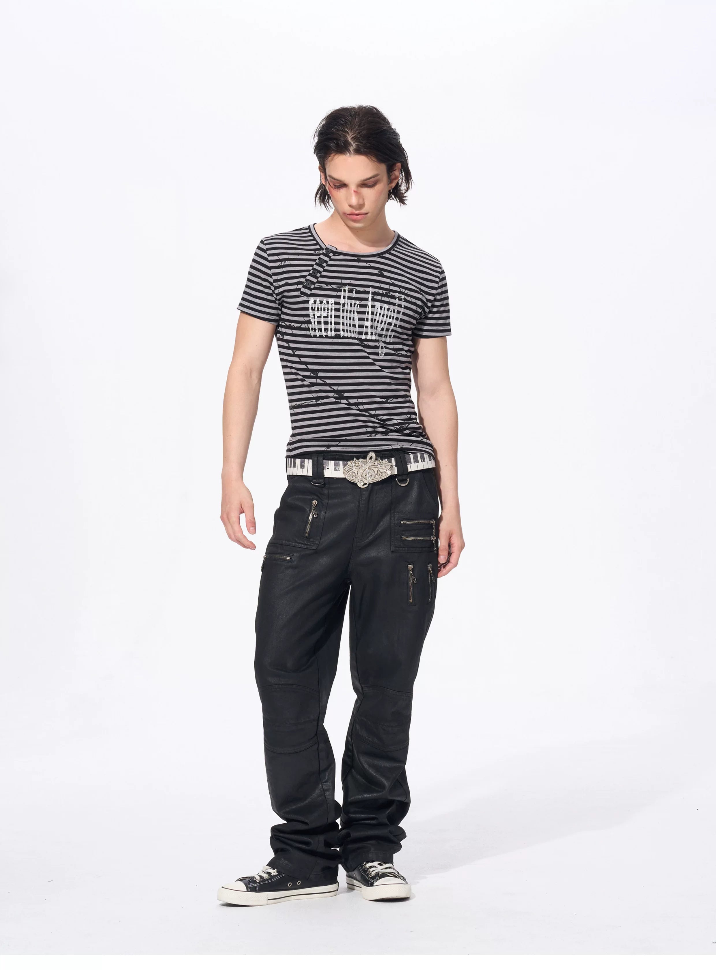 Slim Fit Letter Print Striped Tees