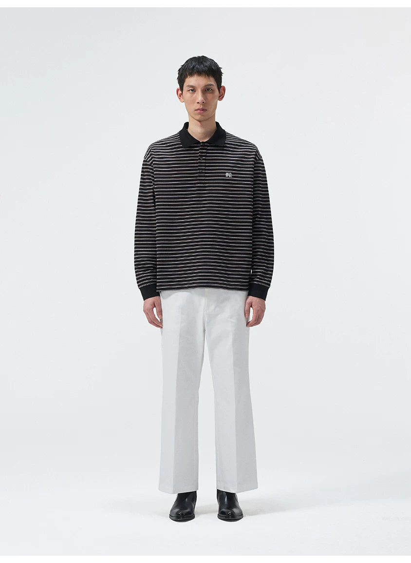 Striped Embroidered Long Sleeve Polo Tee