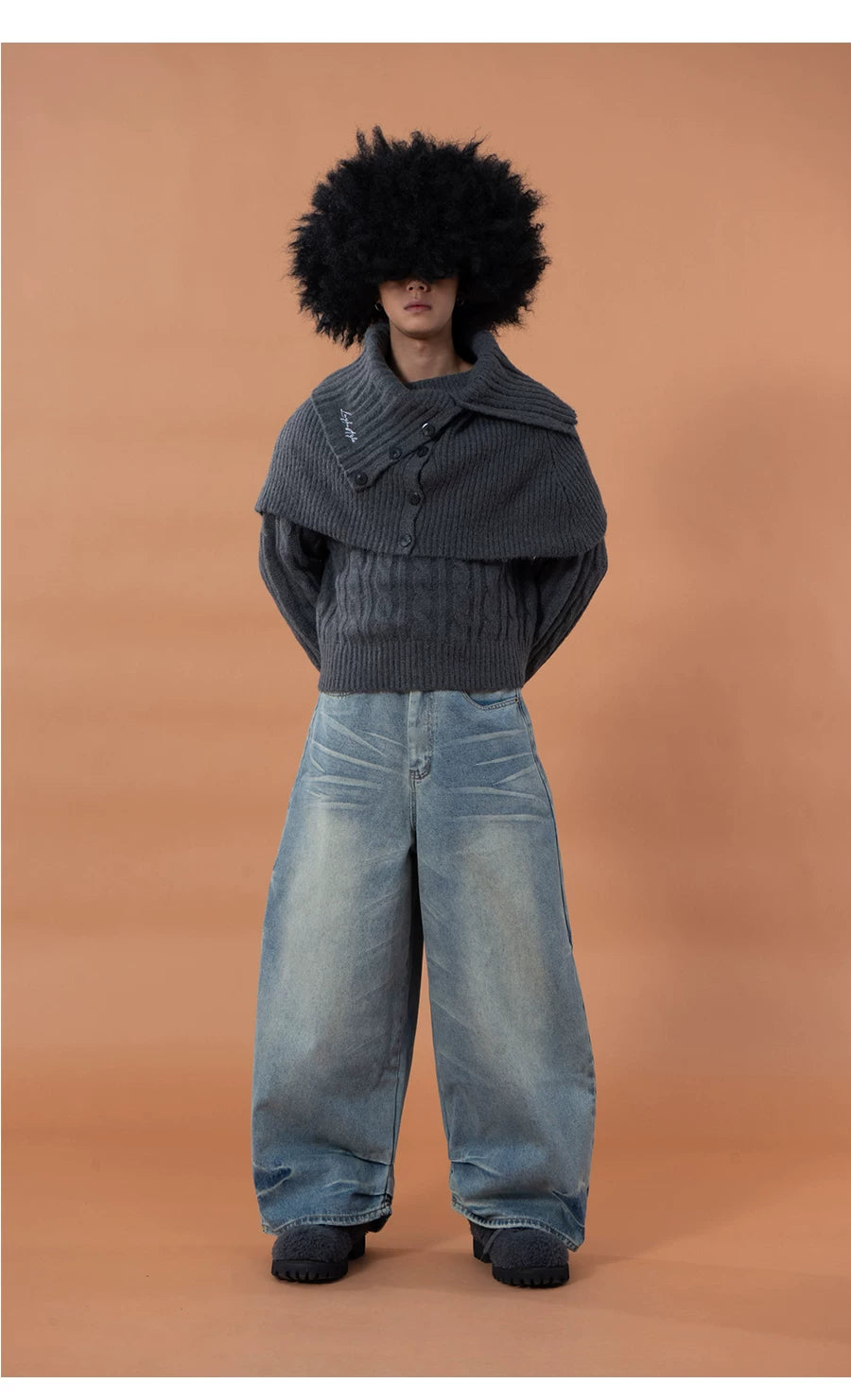 Unisex Detachable Grey Knit Cardigan Scarf