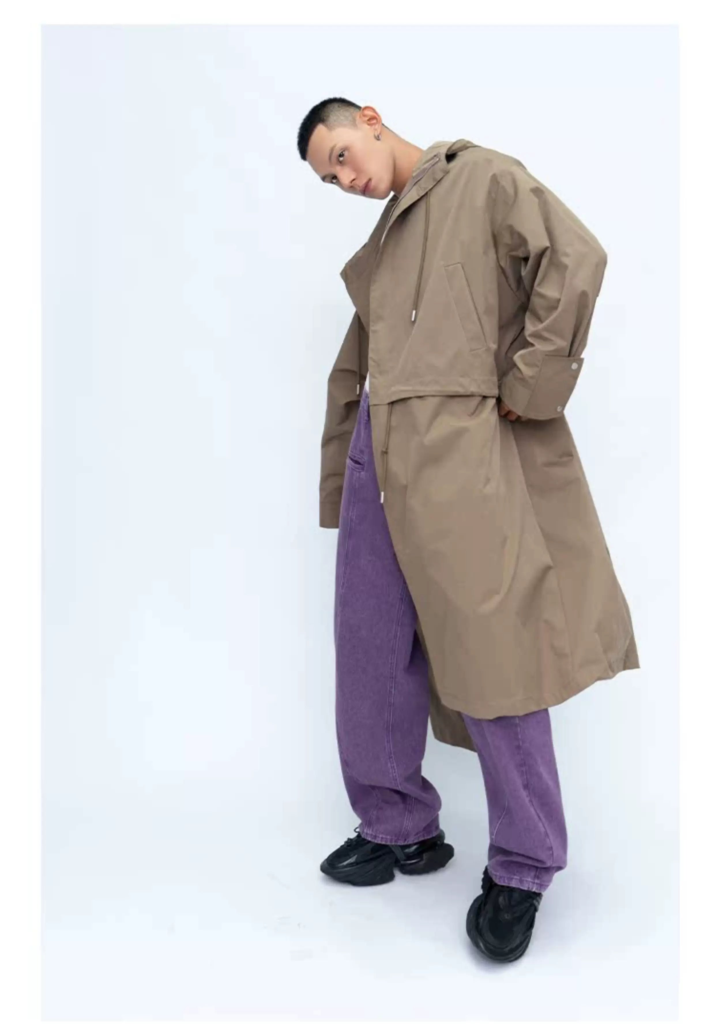 Hooded Long Water-resistant Waist-cinched Trench Coat