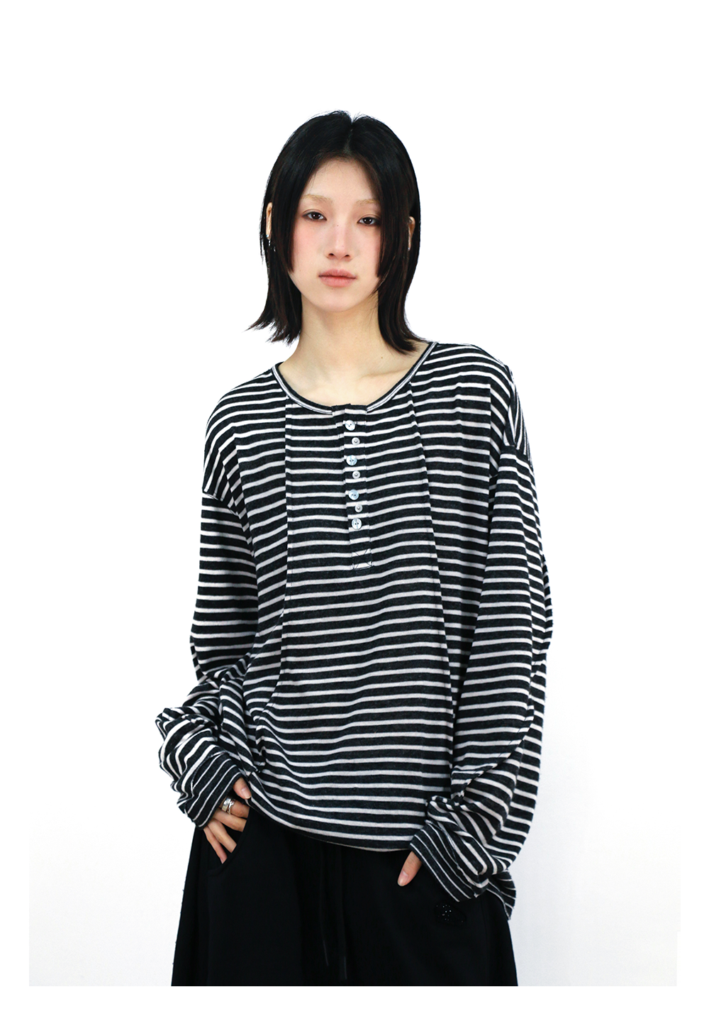 Striped Cutout Neck Long Sleeve Tee