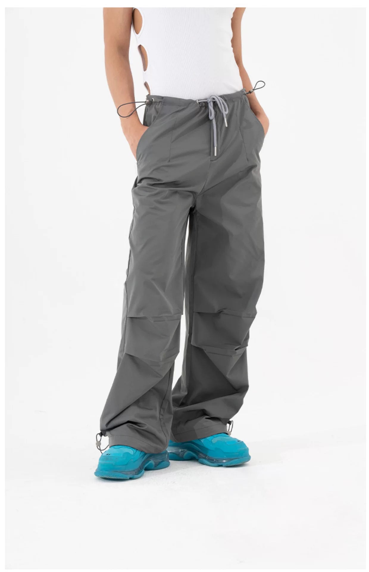 Black Khaki Drawstring Wide Leg Pants