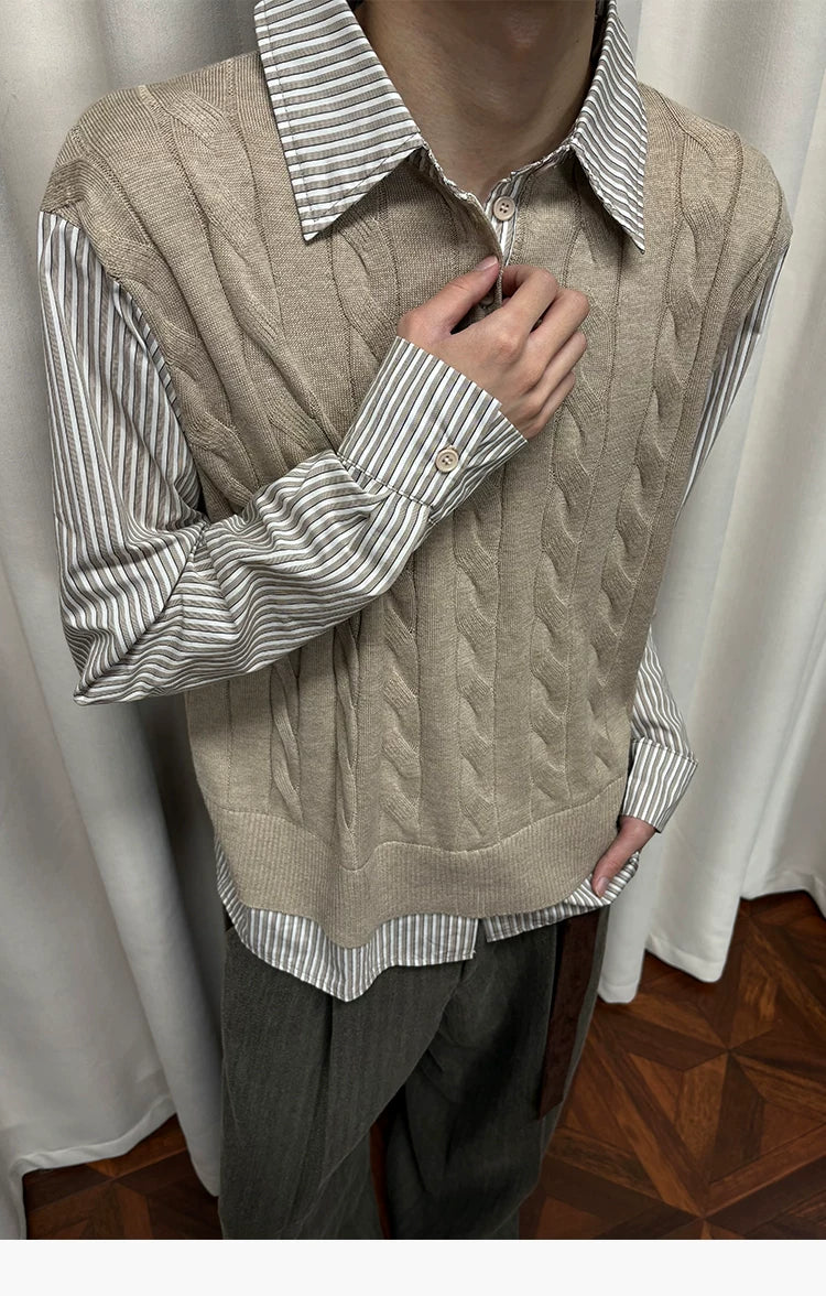 Wool Contrast Fake Two-piece Polo Sweater