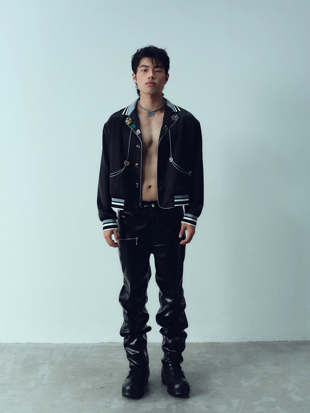 Ribbed Collar Shell Button Acetate Jacket