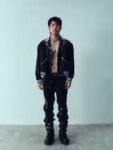 Ribbed Collar Shell Button Acetate Jacket